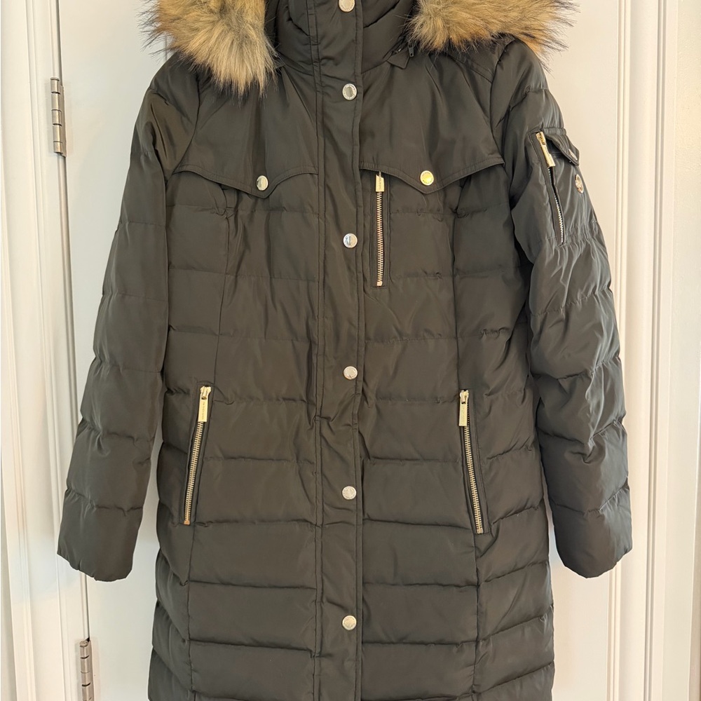 Michael Kors Olive Green Puffer Coat with Faux Fur Hood